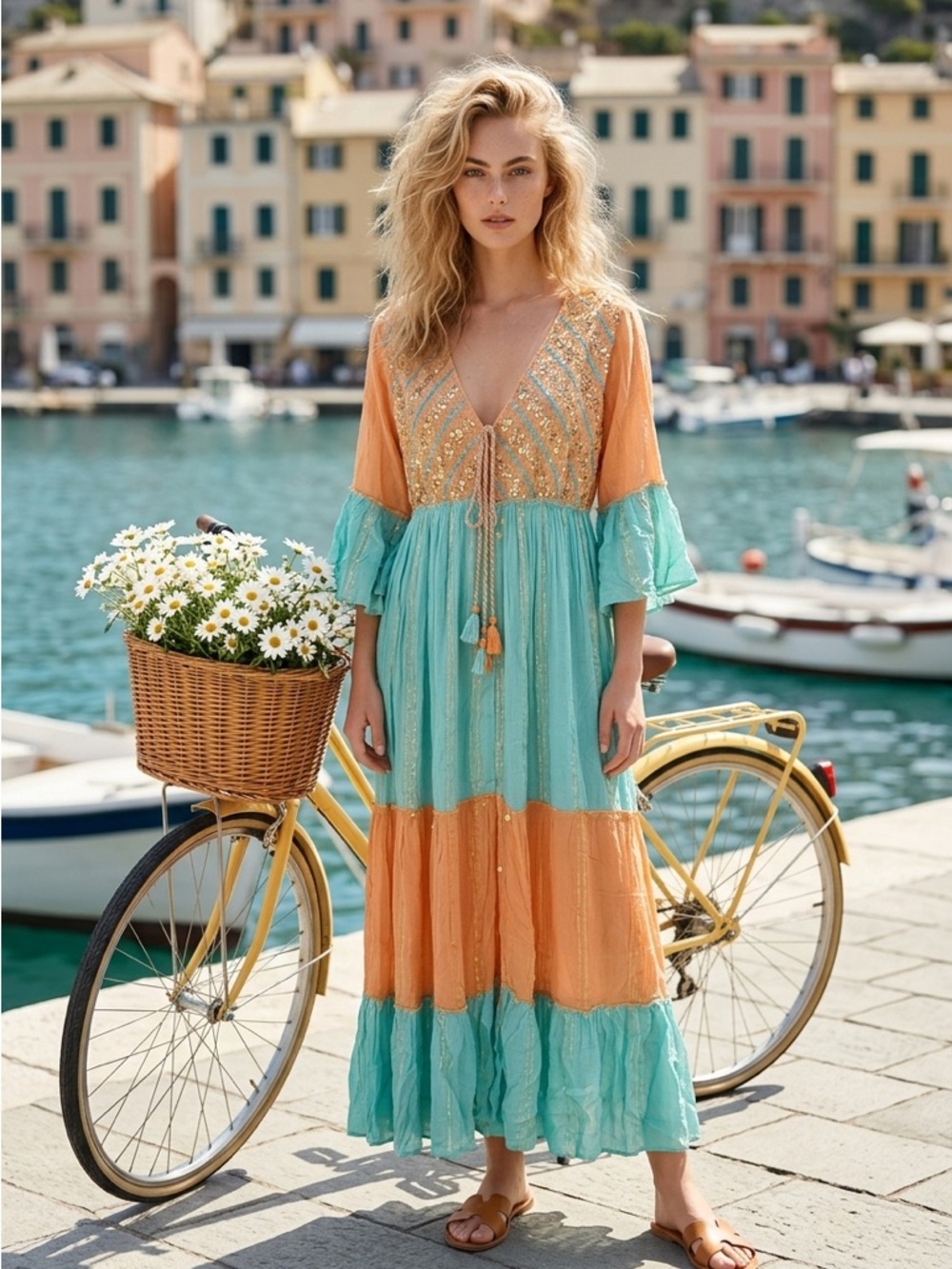 Boho Tiered V-Neck Shirt dressin Orange and Mint